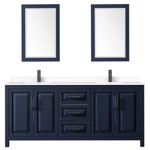 Daria 80 Inch Double Bathroom Vanity in Dark Blue White Cultured Marble Countertop Undermount Square Sinks Matte Black Trim 24 Inch Mirrors
