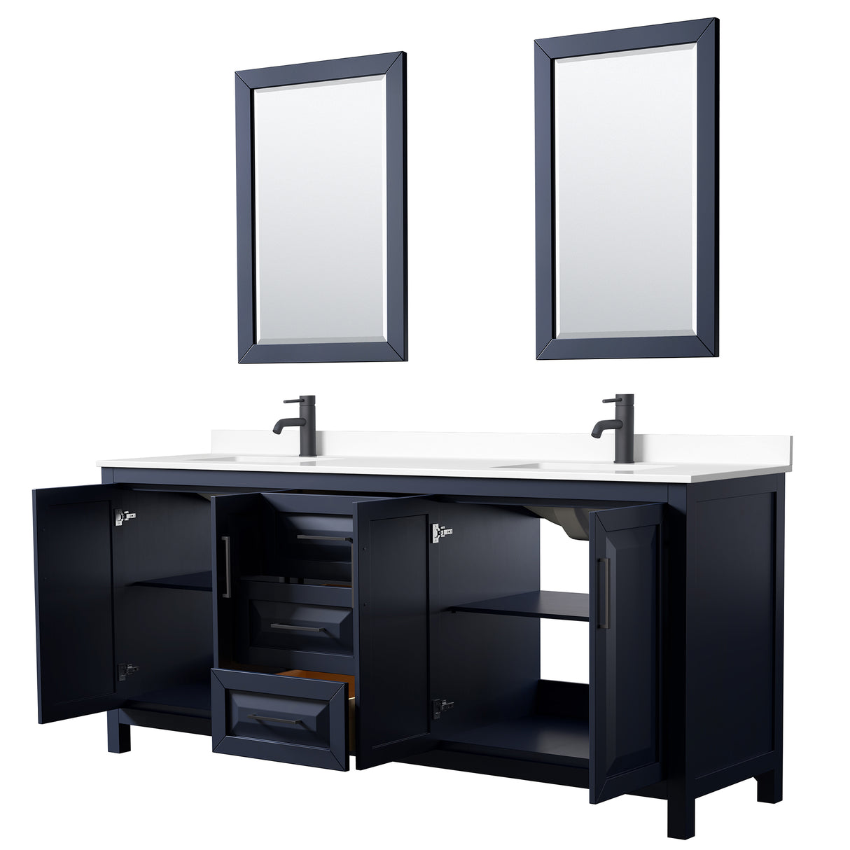 Daria 80 Inch Double Bathroom Vanity in Dark Blue White Cultured Marble Countertop Undermount Square Sinks Matte Black Trim 24 Inch Mirrors