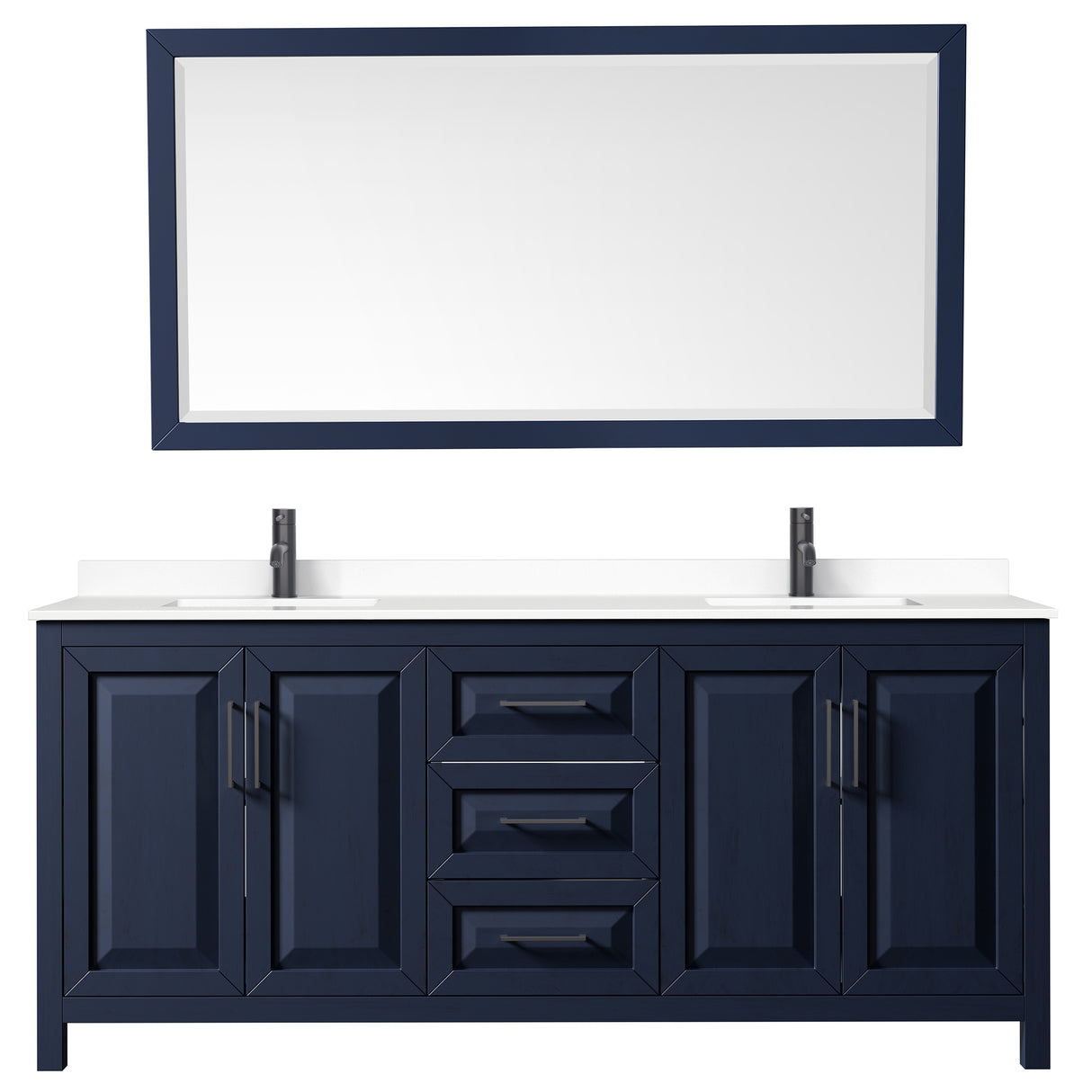 Daria 80 Inch Double Bathroom Vanity in Dark Blue White Cultured Marble Countertop Undermount Square Sinks Matte Black Trim 70 Inch Mirror