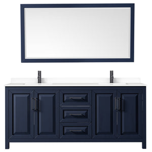 Daria 80 Inch Double Bathroom Vanity in Dark Blue White Cultured Marble Countertop Undermount Square Sinks Matte Black Trim 70 Inch Mirror