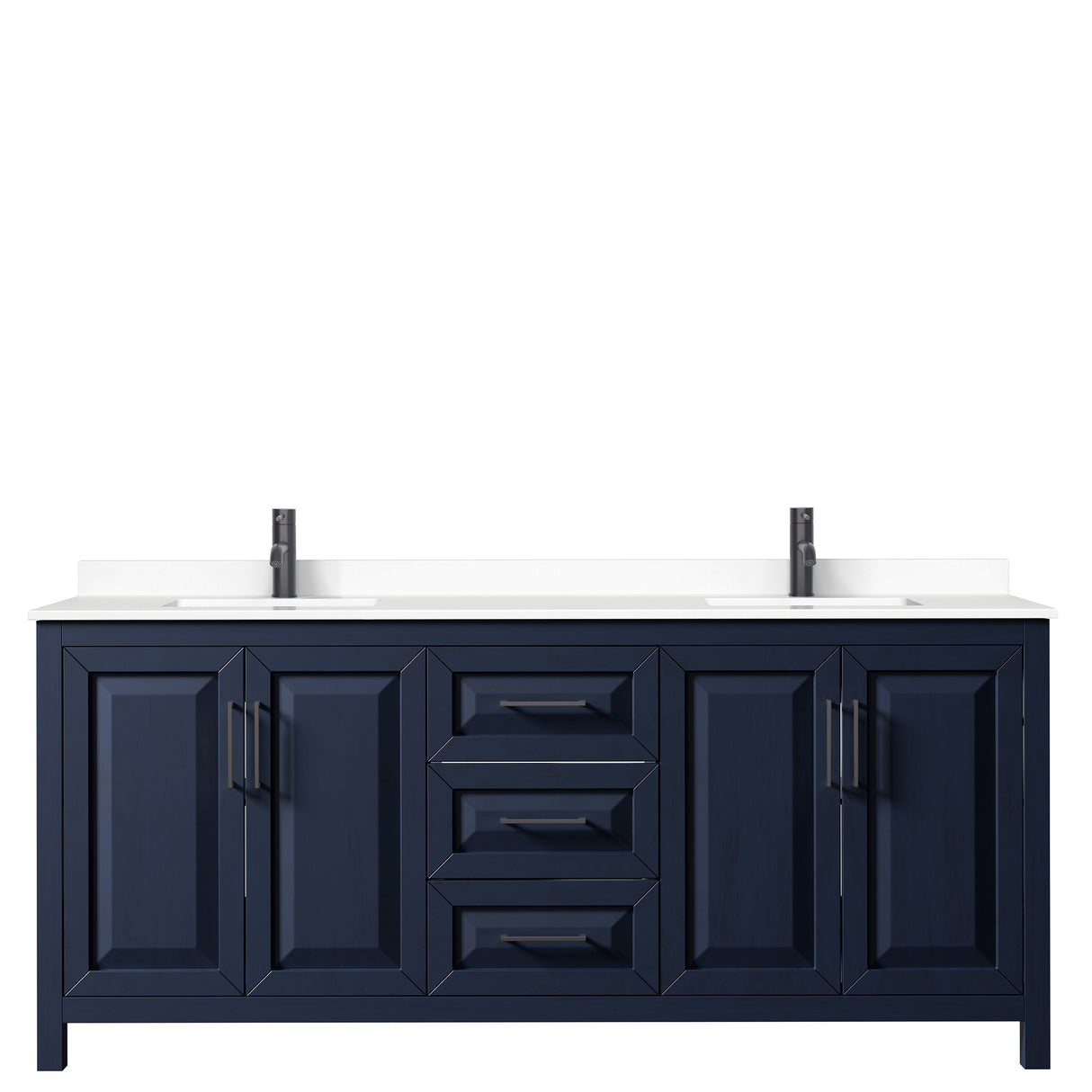 Daria 80 Inch Double Bathroom Vanity in Dark Blue White Cultured Marble Countertop Undermount Square Sinks Matte Black Trim