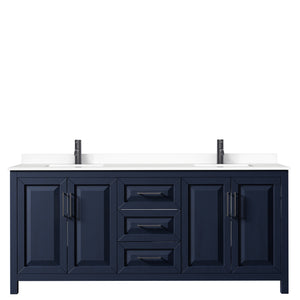 Daria 80 Inch Double Bathroom Vanity in Dark Blue White Cultured Marble Countertop Undermount Square Sinks Matte Black Trim