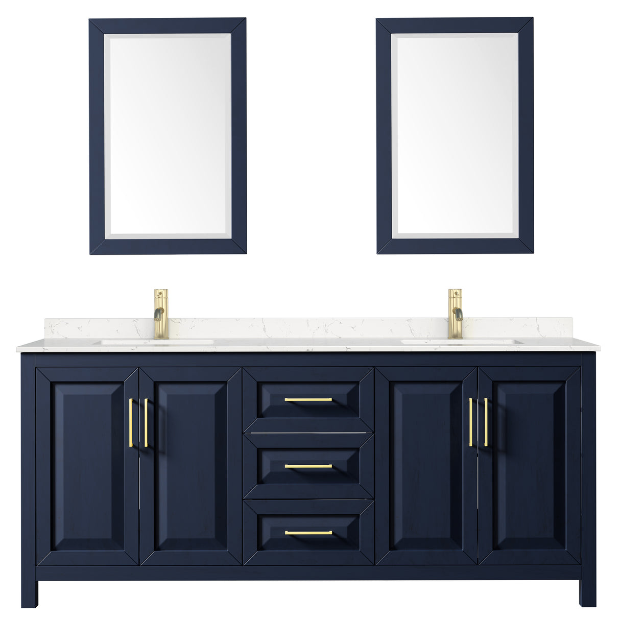 Daria 80 Inch Double Bathroom Vanity in Dark Blue Carrara Cultured Marble Countertop Undermount Square Sinks 24 Inch Mirrors