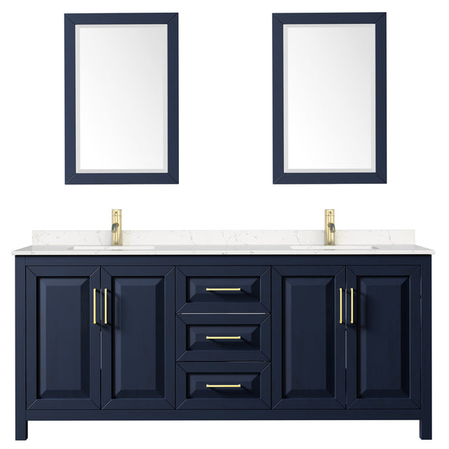 Daria 80 Inch Double Bathroom Vanity in Dark Blue Carrara Cultured Marble Countertop Undermount Square Sinks 24 Inch Mirrors