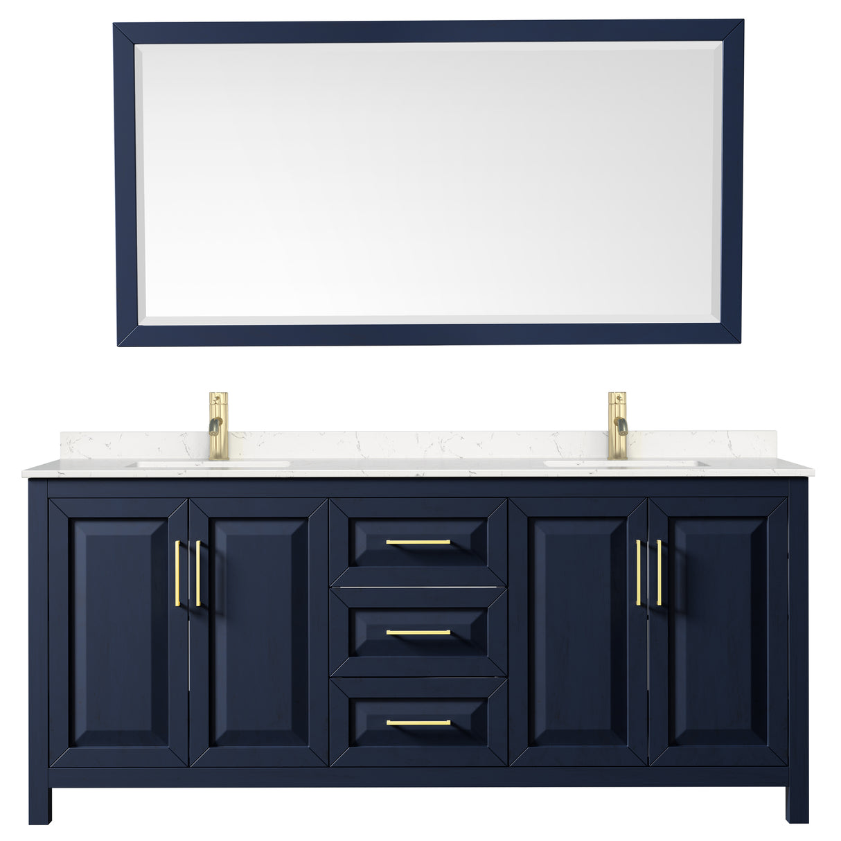 Daria 80 Inch Double Bathroom Vanity in Dark Blue Carrara Cultured Marble Countertop Undermount Square Sinks 70 Inch Mirror