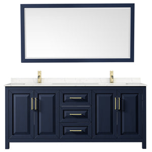 Daria 80 Inch Double Bathroom Vanity in Dark Blue Carrara Cultured Marble Countertop Undermount Square Sinks 70 Inch Mirror