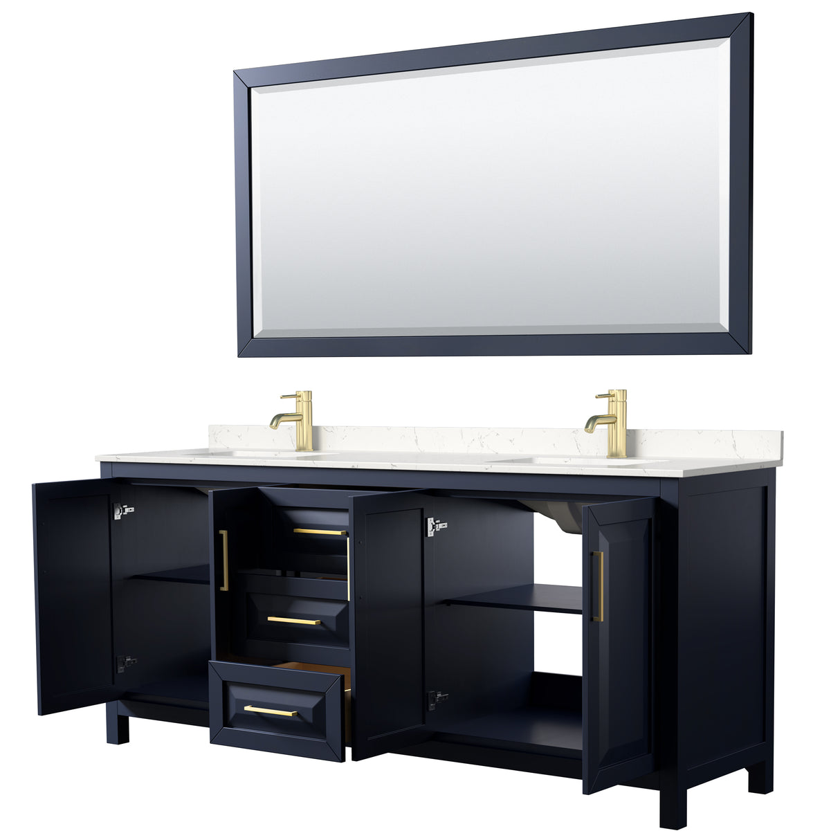 Daria 80 Inch Double Bathroom Vanity in Dark Blue Carrara Cultured Marble Countertop Undermount Square Sinks 70 Inch Mirror