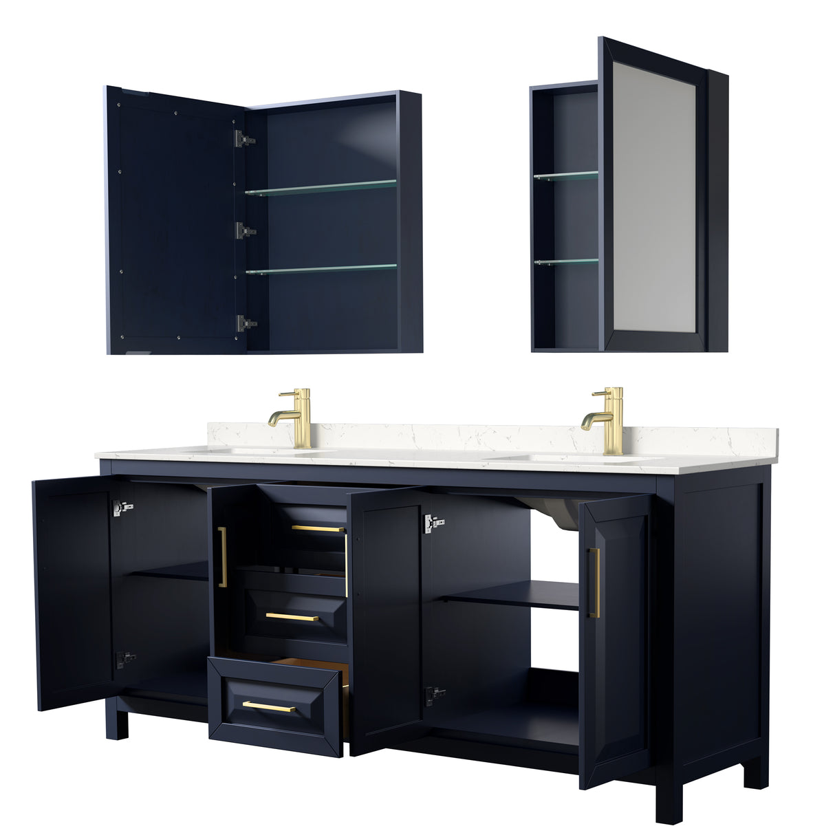 Daria 80 Inch Double Bathroom Vanity in Dark Blue Carrara Cultured Marble Countertop Undermount Square Sinks Medicine Cabinets