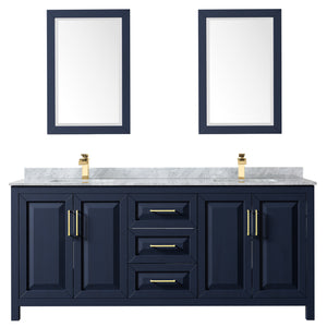 Daria 80 Inch Double Bathroom Vanity in Dark Blue White Carrara Marble Countertop Undermount Square Sinks 24 Inch Mirrors