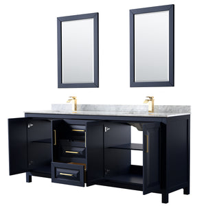 Daria 80 Inch Double Bathroom Vanity in Dark Blue White Carrara Marble Countertop Undermount Square Sinks 24 Inch Mirrors
