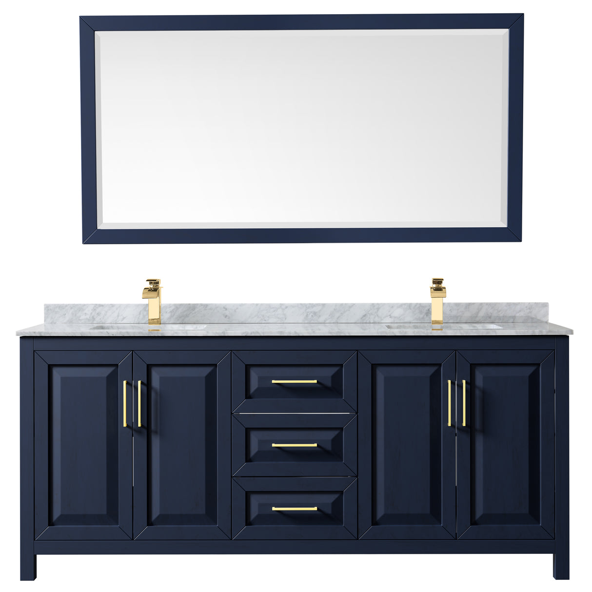 Daria 80 Inch Double Bathroom Vanity in Dark Blue White Carrara Marble Countertop Undermount Square Sinks 70 Inch Mirror
