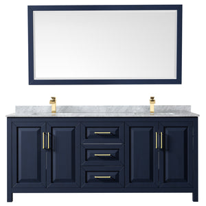 Daria 80 Inch Double Bathroom Vanity in Dark Blue White Carrara Marble Countertop Undermount Square Sinks 70 Inch Mirror