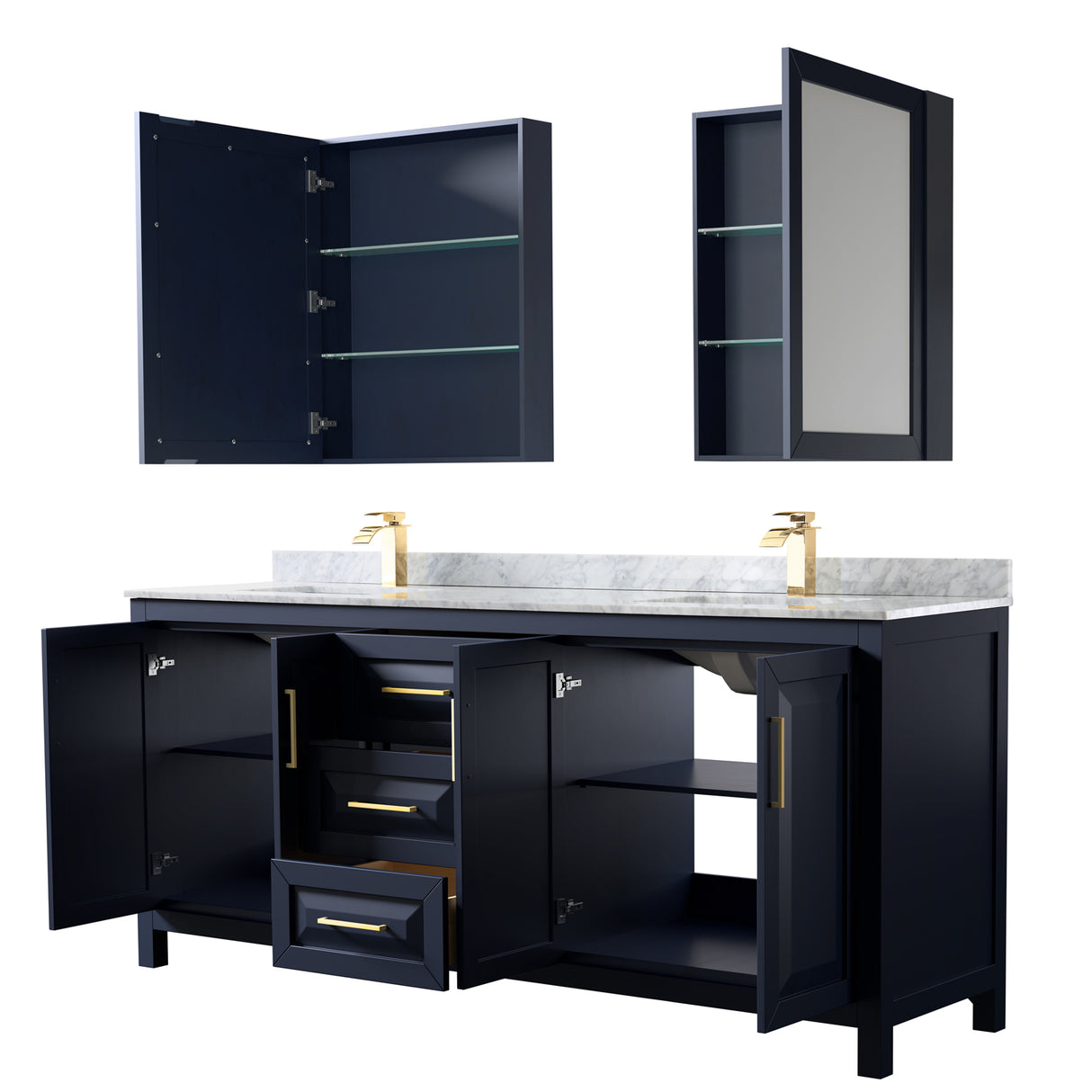 Daria 80 Inch Double Bathroom Vanity in Dark Blue White Carrara Marble Countertop Undermount Square Sinks Medicine Cabinets