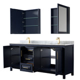 Daria 80 Inch Double Bathroom Vanity in Dark Blue White Carrara Marble Countertop Undermount Square Sinks Medicine Cabinets