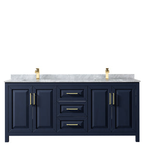 Daria 80 Inch Double Bathroom Vanity in Dark Blue White Carrara Marble Countertop Undermount Square Sinks No Mirror