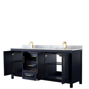Daria 80 Inch Double Bathroom Vanity in Dark Blue White Carrara Marble Countertop Undermount Square Sinks No Mirror
