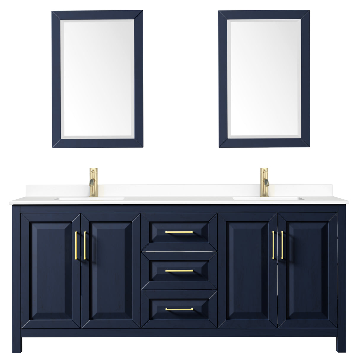 Daria 80 Inch Double Bathroom Vanity in Dark Blue White Cultured Marble Countertop Undermount Square Sinks 24 Inch Mirrors