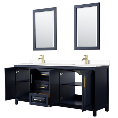 Daria 80 Inch Double Bathroom Vanity in Dark Blue White Cultured Marble Countertop Undermount Square Sinks 24 Inch Mirrors
