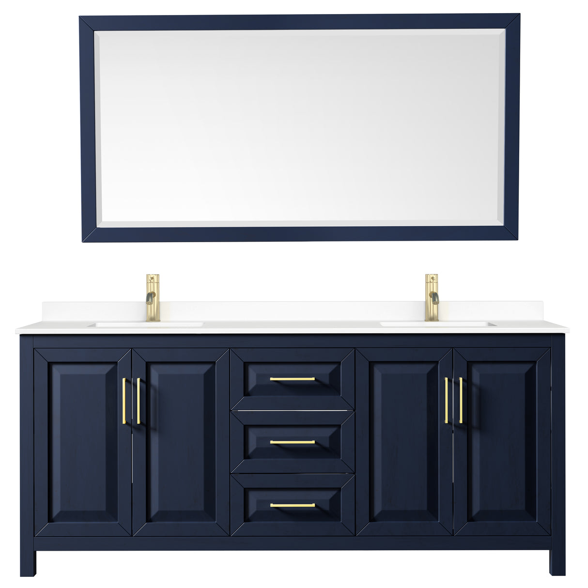 Daria 80 Inch Double Bathroom Vanity in Dark Blue White Cultured Marble Countertop Undermount Square Sinks 70 Inch Mirror