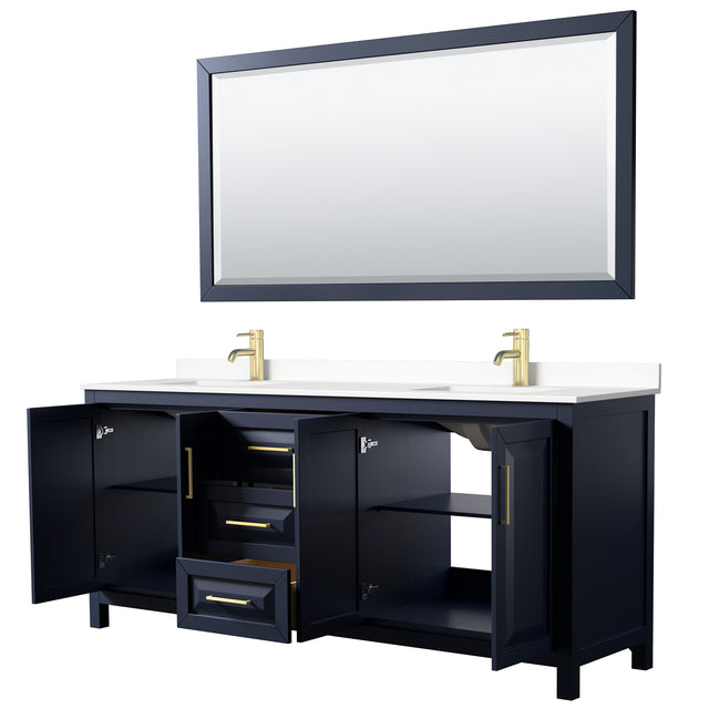 Daria 80 Inch Double Bathroom Vanity in Dark Blue White Cultured Marble Countertop Undermount Square Sinks 70 Inch Mirror