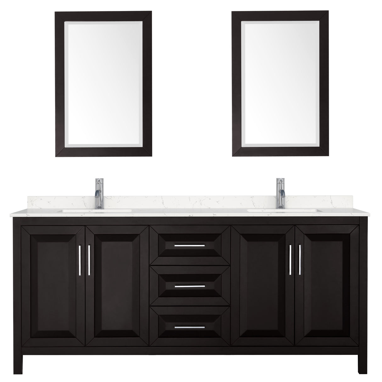 Daria 80 Inch Double Bathroom Vanity in Dark Espresso Carrara Cultured Marble Countertop Undermount Square Sinks 24 Inch Mirrors