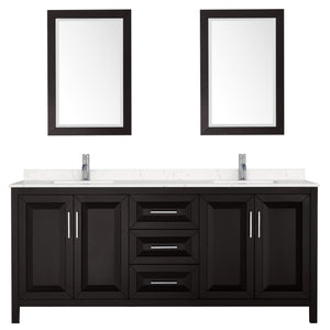 Daria 80 Inch Double Bathroom Vanity in Dark Espresso Carrara Cultured Marble Countertop Undermount Square Sinks 24 Inch Mirrors