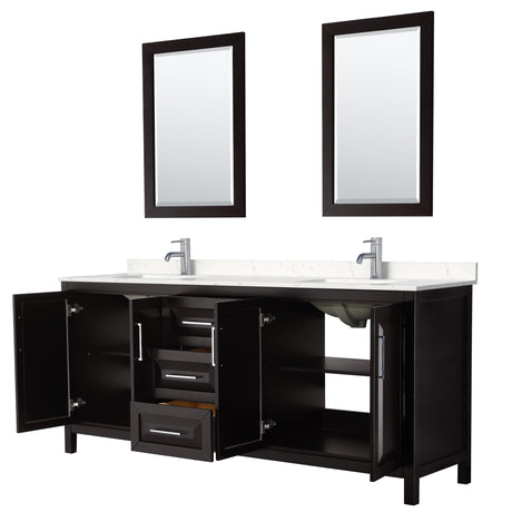 Daria 80 Inch Double Bathroom Vanity in Dark Espresso Carrara Cultured Marble Countertop Undermount Square Sinks 24 Inch Mirrors