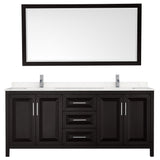 Daria 80 Inch Double Bathroom Vanity in Dark Espresso Carrara Cultured Marble Countertop Undermount Square Sinks 70 Inch Mirror