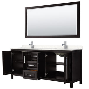 Daria 80 Inch Double Bathroom Vanity in Dark Espresso Carrara Cultured Marble Countertop Undermount Square Sinks 70 Inch Mirror