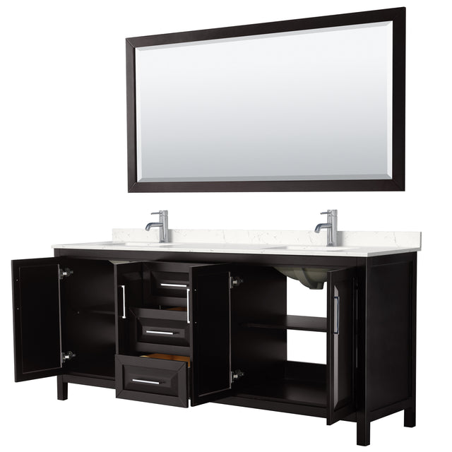 Daria 80 Inch Double Bathroom Vanity in Dark Espresso Carrara Cultured Marble Countertop Undermount Square Sinks 70 Inch Mirror