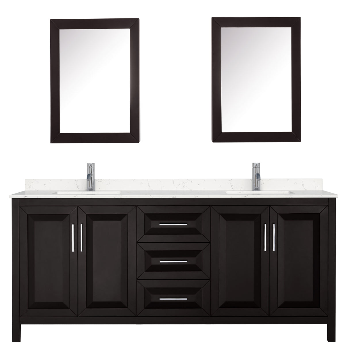 Daria 80 Inch Double Bathroom Vanity in Dark Espresso Carrara Cultured Marble Countertop Undermount Square Sinks Medicine Cabinets