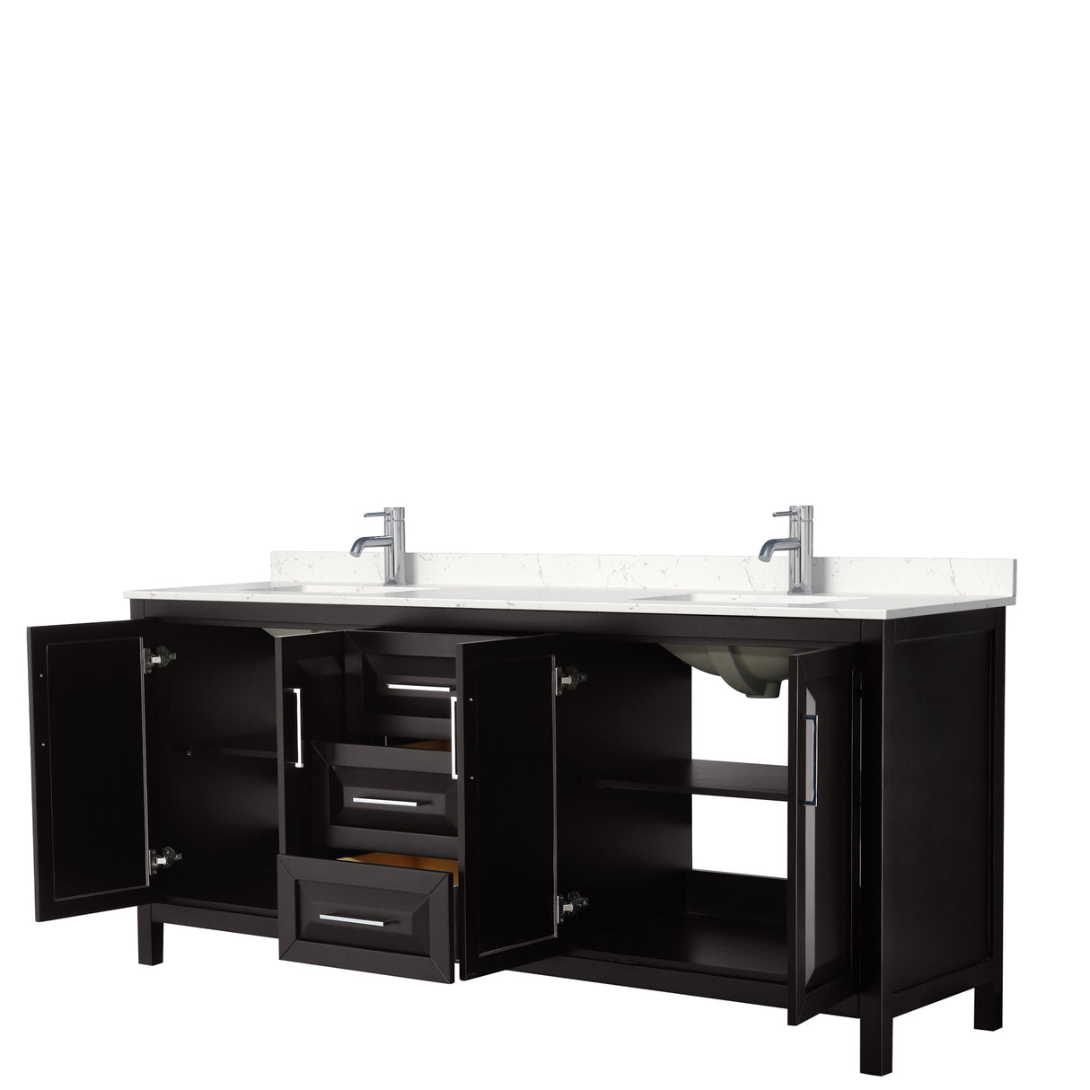 Daria 80 Inch Double Bathroom Vanity in Dark Espresso Carrara Cultured Marble Countertop Undermount Square Sinks No Mirror