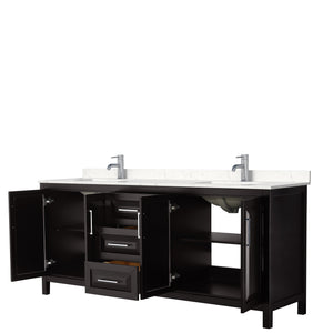 Daria 80 Inch Double Bathroom Vanity in Dark Espresso Carrara Cultured Marble Countertop Undermount Square Sinks No Mirror
