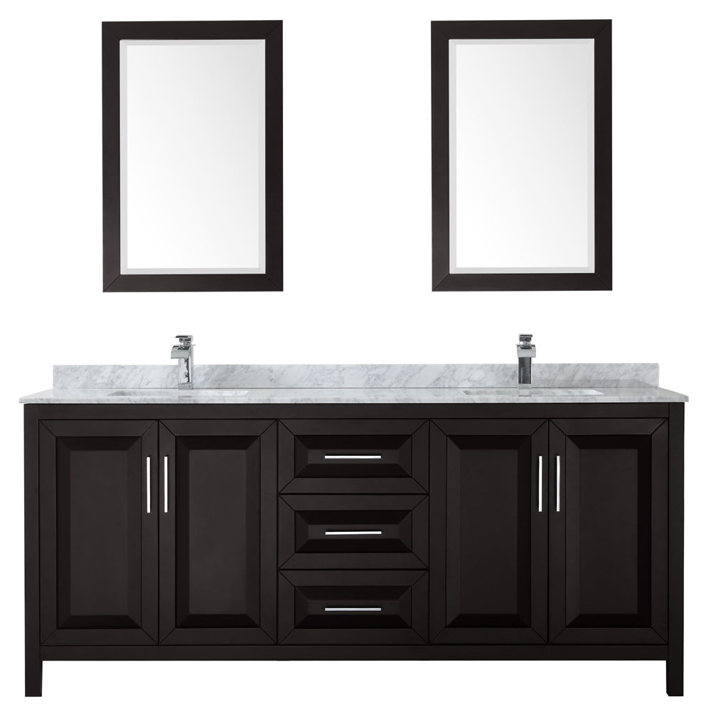 Daria 80 Inch Double Bathroom Vanity in Dark Espresso White Carrara Marble Countertop Undermount Square Sinks and 24 Inch Mirrors