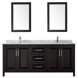 Daria 80 Inch Double Bathroom Vanity in Dark Espresso White Carrara Marble Countertop Undermount Square Sinks and 24 Inch Mirrors