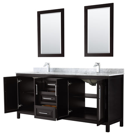 Daria 80 Inch Double Bathroom Vanity in Dark Espresso White Carrara Marble Countertop Undermount Square Sinks and 24 Inch Mirrors