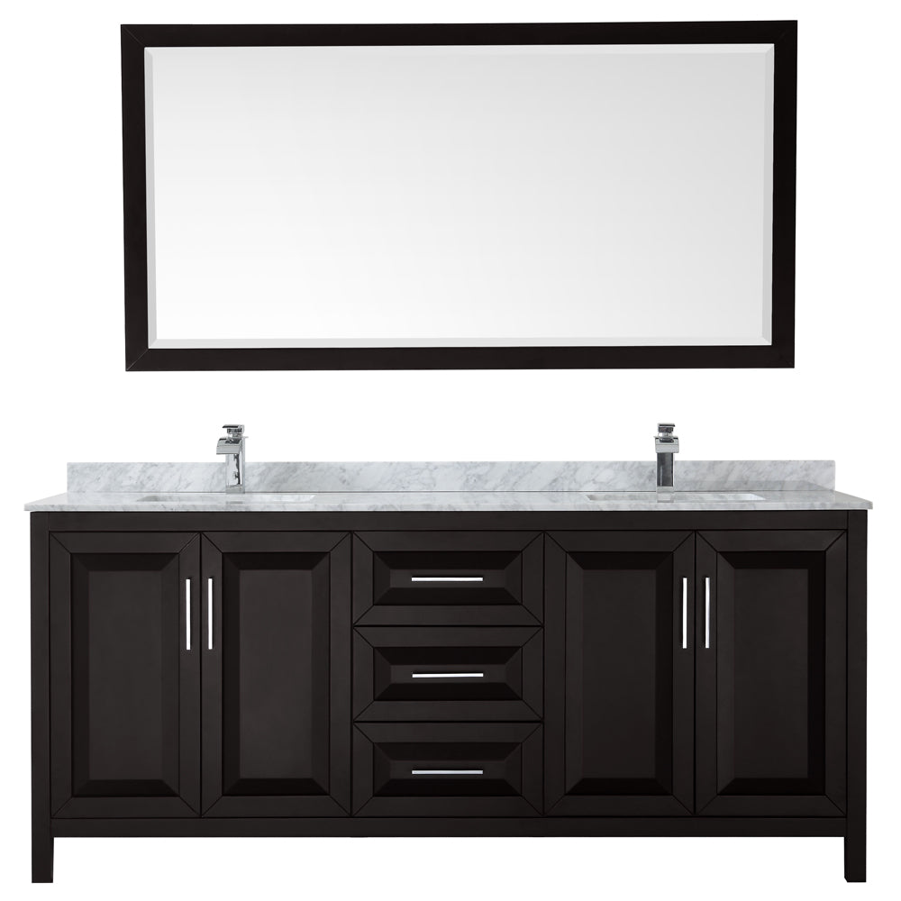 Daria 80 Inch Double Bathroom Vanity in Dark Espresso White Carrara Marble Countertop Undermount Square Sinks and 70 Inch Mirror