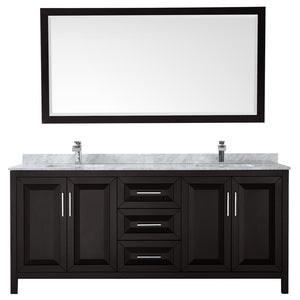 Daria 80 Inch Double Bathroom Vanity in Dark Espresso White Carrara Marble Countertop Undermount Square Sinks and 70 Inch Mirror