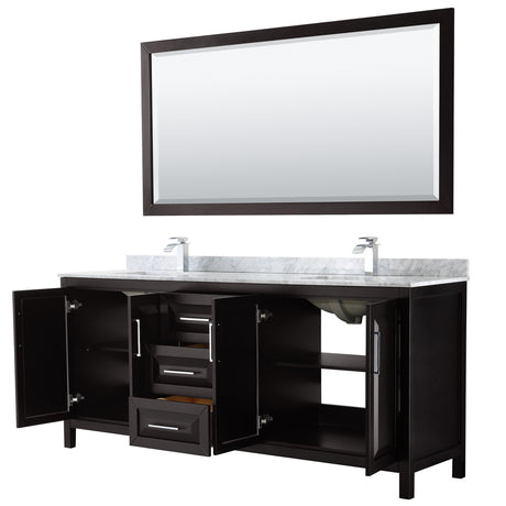 Daria 80 Inch Double Bathroom Vanity in Dark Espresso White Carrara Marble Countertop Undermount Square Sinks and 70 Inch Mirror