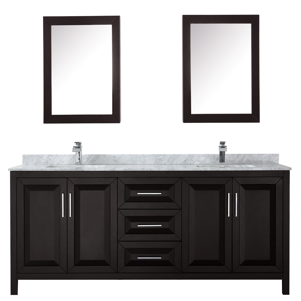 Daria 80 Inch Double Bathroom Vanity in Dark Espresso White Carrara Marble Countertop Undermount Square Sinks and Medicine Cabinets