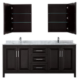 Daria 80 Inch Double Bathroom Vanity in Dark Espresso White Carrara Marble Countertop Undermount Square Sinks and Medicine Cabinets