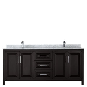 Daria 80 Inch Double Bathroom Vanity in Dark Espresso White Carrara Marble Countertop Undermount Square Sinks and No Mirror