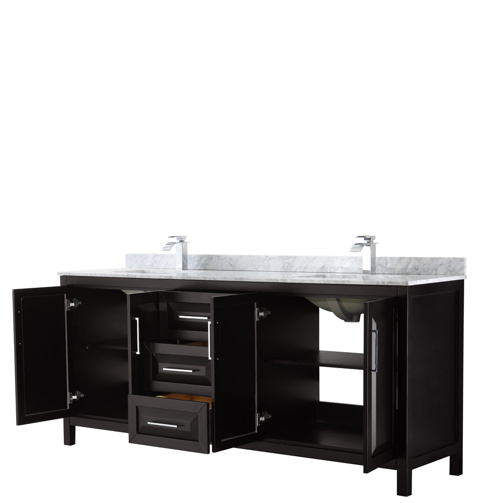 Daria 80 Inch Double Bathroom Vanity in Dark Espresso White Carrara Marble Countertop Undermount Square Sinks and No Mirror