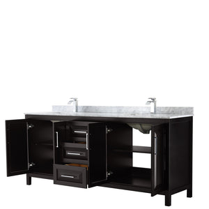 Daria 80 Inch Double Bathroom Vanity in Dark Espresso White Carrara Marble Countertop Undermount Square Sinks and No Mirror