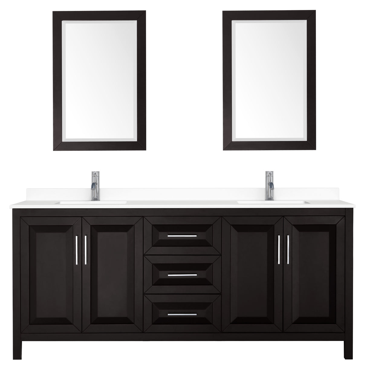 Daria 80 Inch Double Bathroom Vanity in Dark Espresso White Cultured Marble Countertop Undermount Square Sinks 24 Inch Mirrors