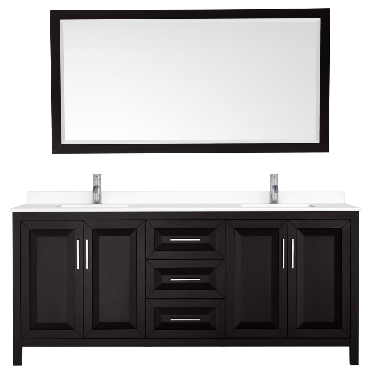 Daria 80 Inch Double Bathroom Vanity in Dark Espresso White Cultured Marble Countertop Undermount Square Sinks 70 Inch Mirror