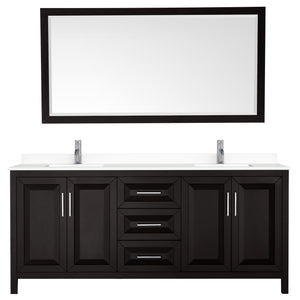 Daria 80 Inch Double Bathroom Vanity in Dark Espresso White Cultured Marble Countertop Undermount Square Sinks 70 Inch Mirror