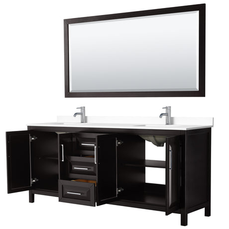Daria 80 Inch Double Bathroom Vanity in Dark Espresso White Cultured Marble Countertop Undermount Square Sinks 70 Inch Mirror
