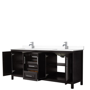 Daria 80 Inch Double Bathroom Vanity in Dark Espresso White Cultured Marble Countertop Undermount Square Sinks No Mirror