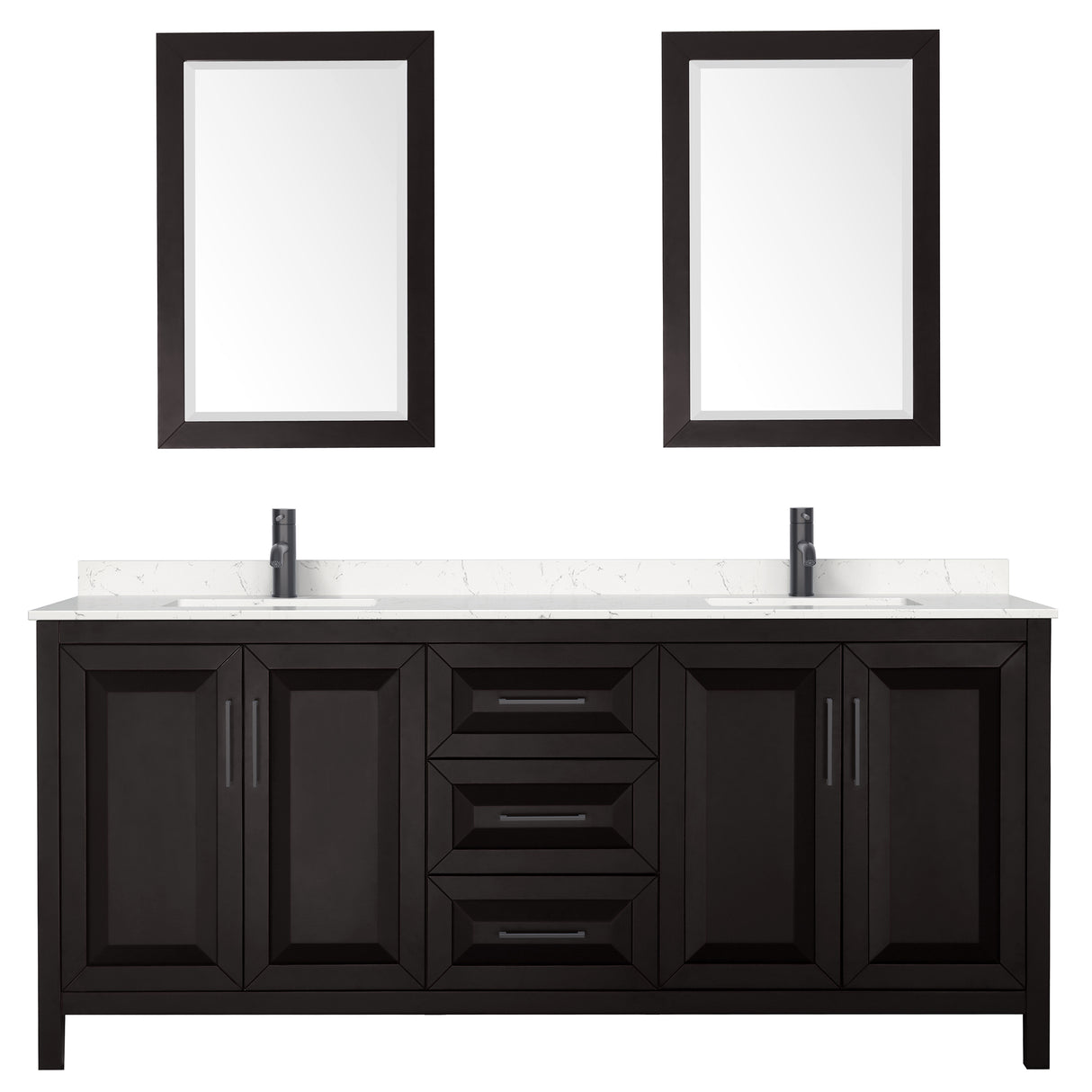 Daria 80 Inch Double Bathroom Vanity in Dark Espresso Carrara Cultured Marble Countertop Undermount Square Sinks Matte Black Trim 24 Inch Mirrors